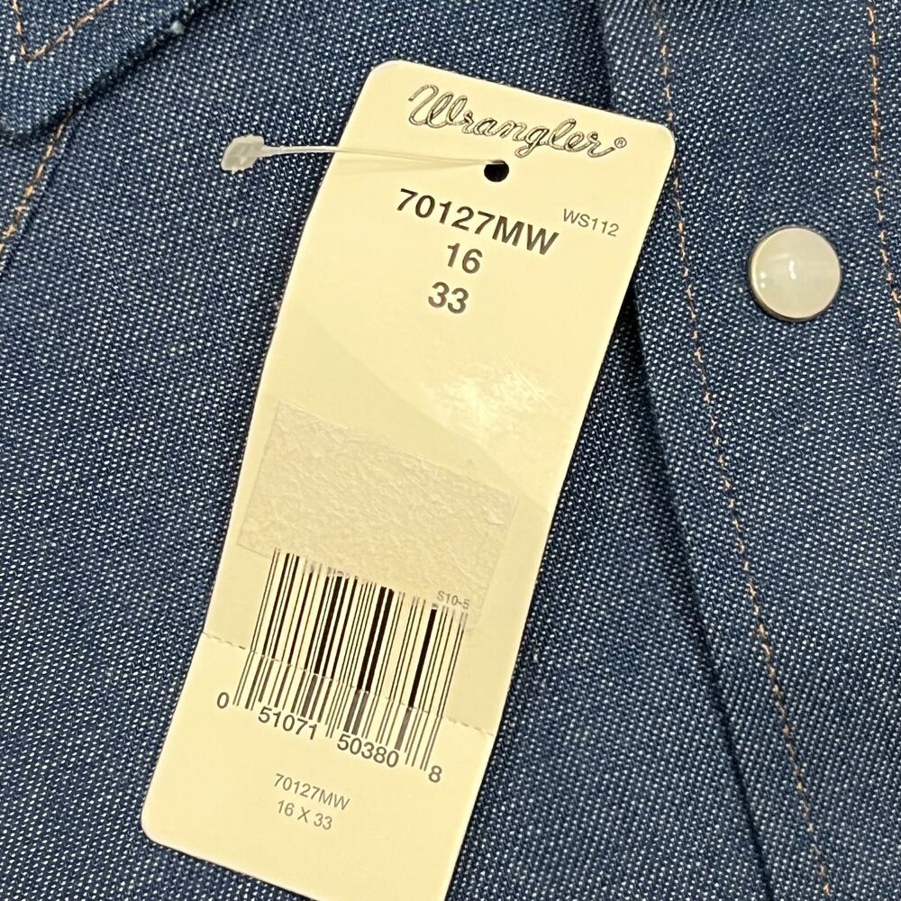 Wrangler Western Shirt Men's 16 X 33 Blue Denim 100% Cotton Pockets Pearl Snap - Picture 6 of 9